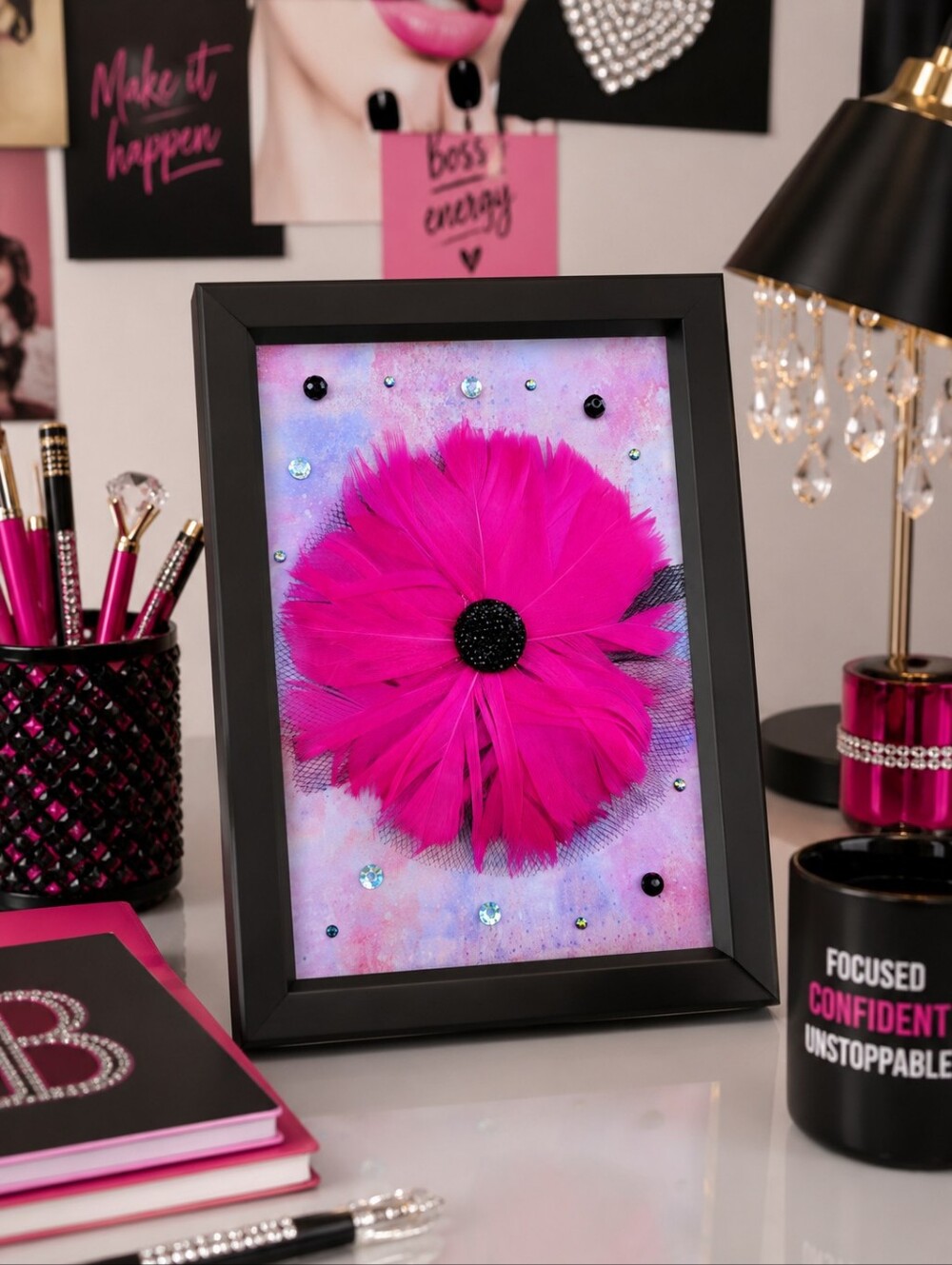 Hot Pink Feather Flower Wall Art 6x4 Handmade Glam Office Decor Rhinestone Art